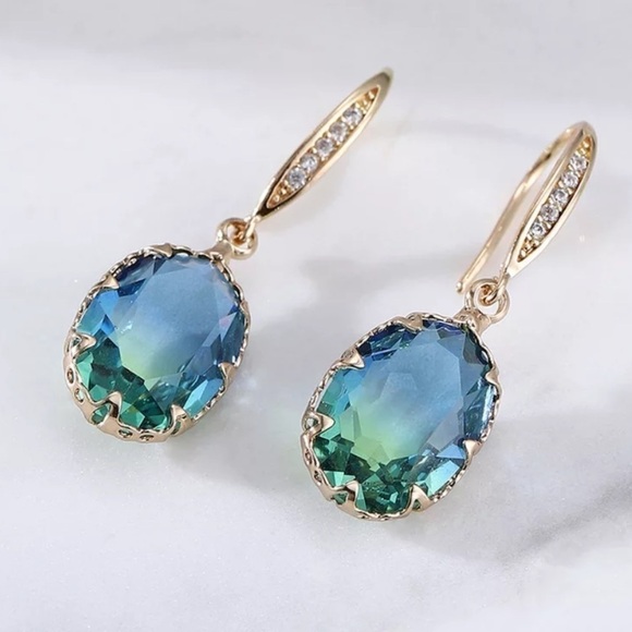 NEW Stunning Blue Green Tourmaline Dangle Earrings - Picture 1 of 6